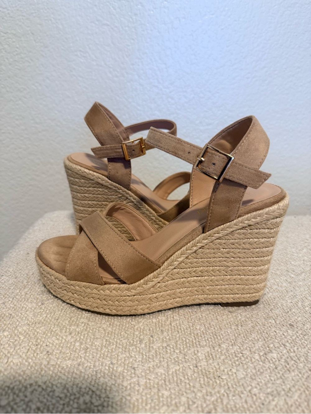 Espadrille Wedge Sandals in Tan with Ankle Buckle
